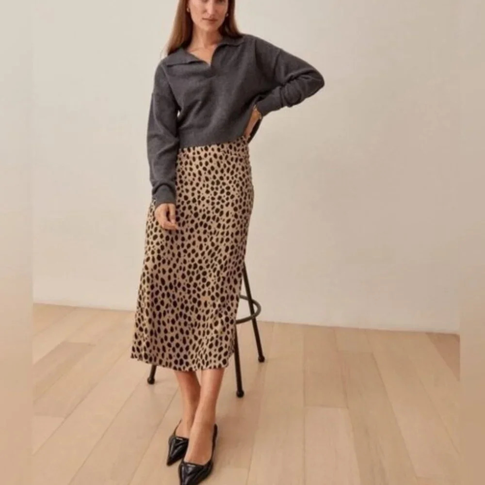 NEW Reformation Bea Skirt in Leopard | Brown/Tan - size 2 - Picture 2 of 10